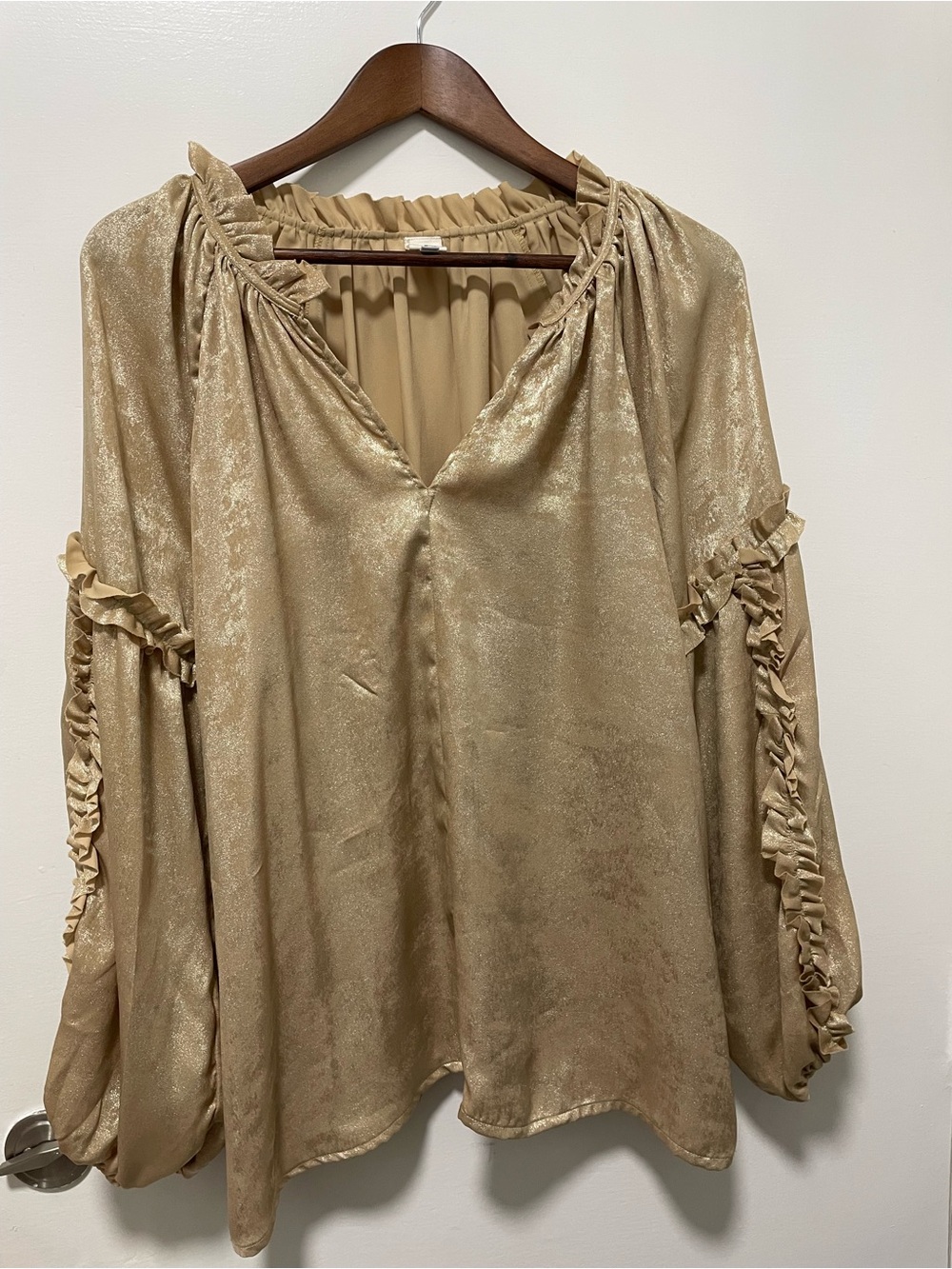 Shimmery Gold Ruffle-Sleeve Women's Blouse